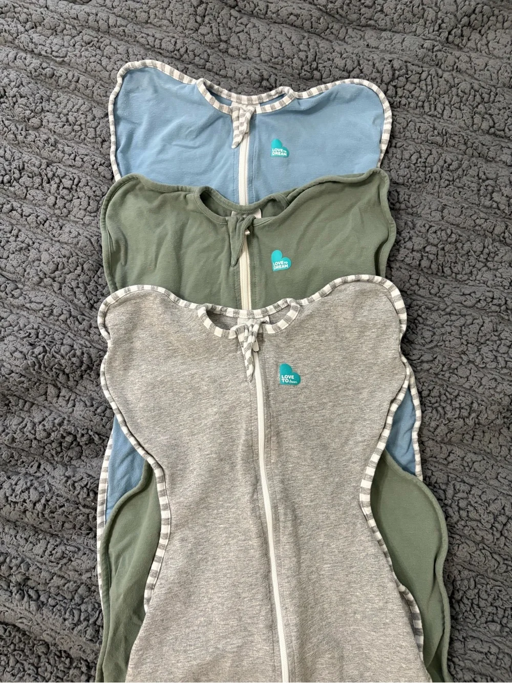 LOVE TO DREAM | 3-Pack Zipper Sleep Sacks in Gray, Olive, and Light Blue - Picture 1 of 5